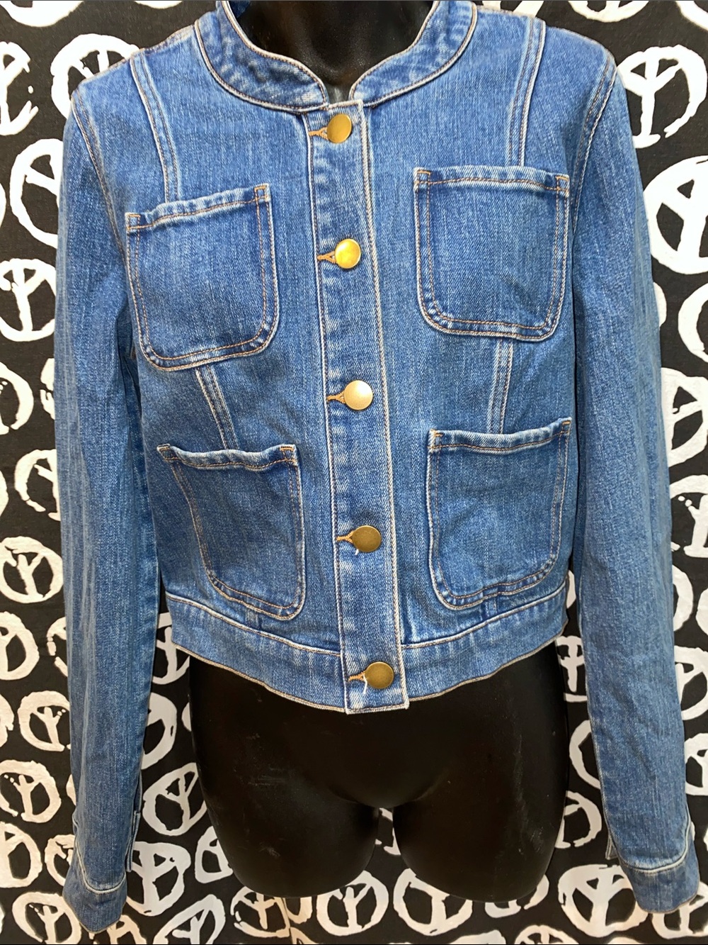 DRAPER JAMES RSVP CROP BAND-COLLAR BLUE DENIM JEAN JACKET SZ S